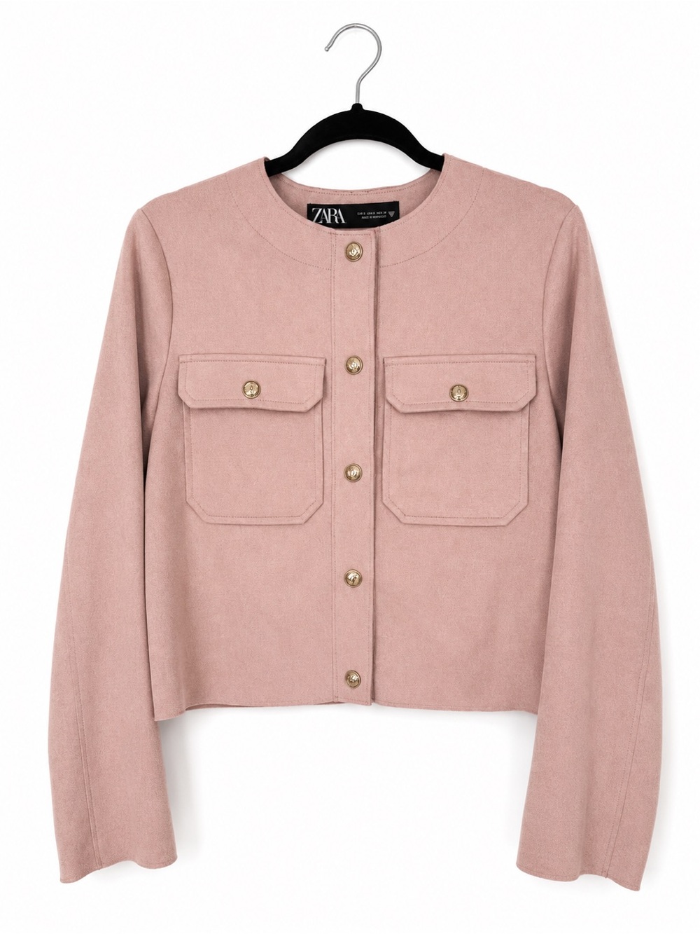 Zara Faux Suede Blush Pink Cropped Utility Jacket Gold Button Shacket Nautical S